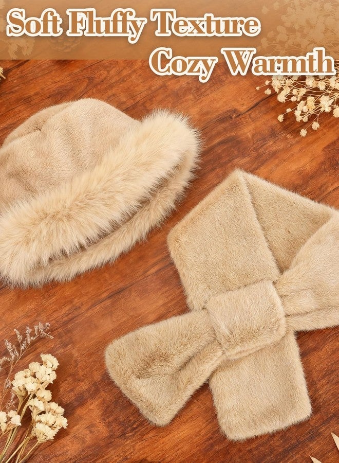Beeplove Fur Winter Hat with Scarf for Women - Russian Style Fluffy Fuzzy Khaki Bucket Hat Gift for Christmas Girls - Image 5